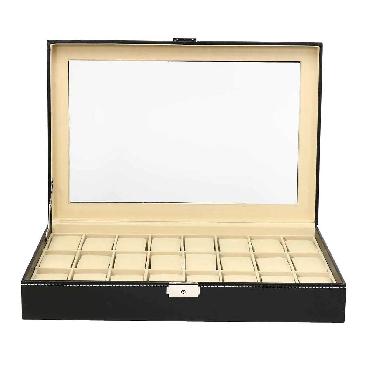 

Watch Display Box Jewelry Storage Organizer With Transparent Cover For Wrist Watches 24 Grid Watch Box PU Leather With Key