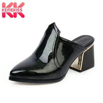 

KemeKiss Women Patchwork Sandals Slip On Pointed Toe Square Heels Sexy Lady Summer Shoes Women Office Work Footwear Size 32-43