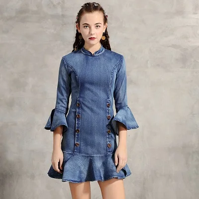 Женское платье Yuzi. may Boho Новое джинсовое женское платье со стоячим воротником и расклешенными рукавами с оборками по краю Vestidos A82192 Vestido - Цвет: Синий