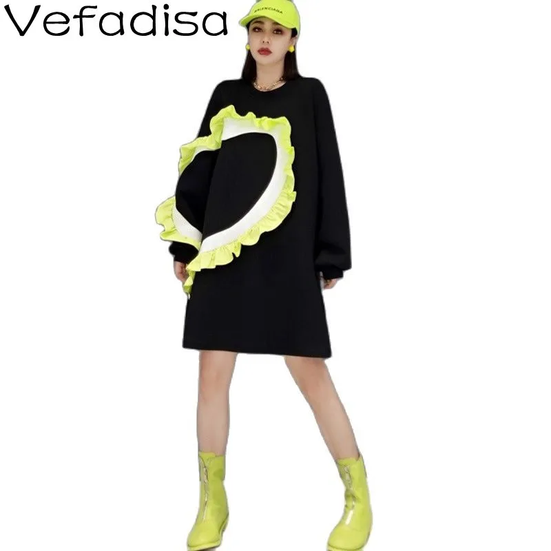 Vefadisa Spring Fashion Design Stitching Ruffled Sweater Loose Pullover Women Large Size Black And White TT460 | Женская одежда