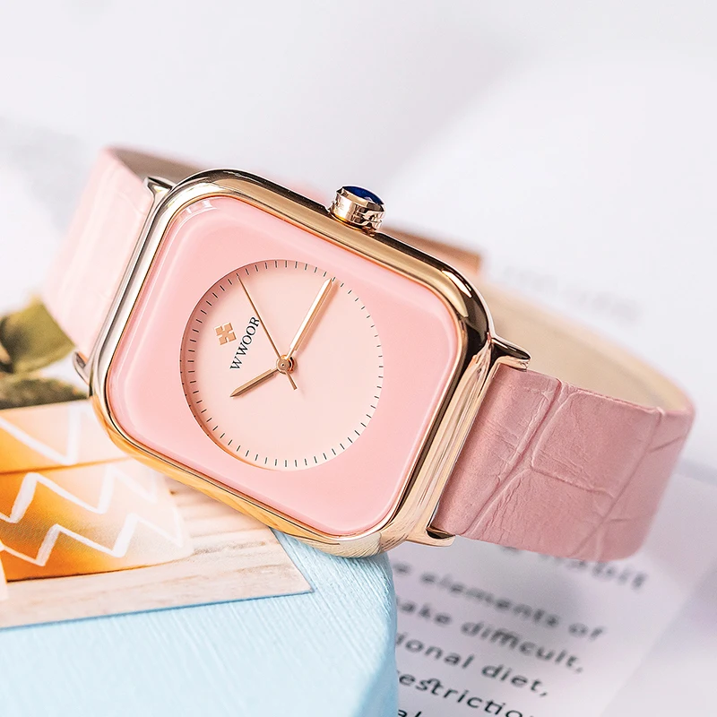 WWOOR Rectangle Watches For Women Fashion Pink Ladies Watch 2023 Top Brand Luxury Geneva Design Quartz Leather Girls Wrist Watch