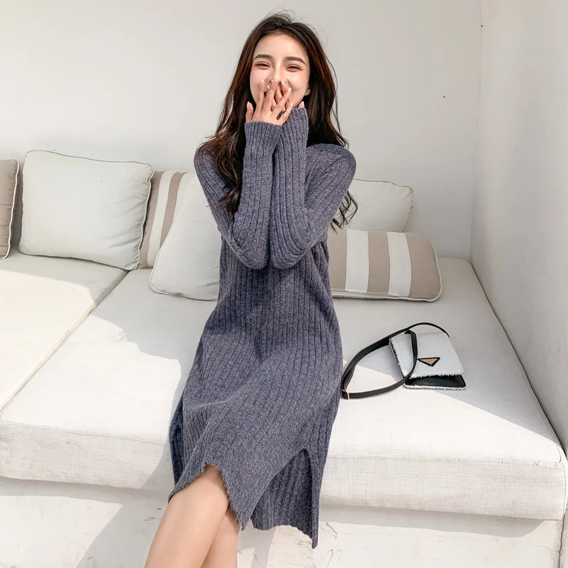 

One Size Autumn Winter Split Knit Dress Women's New Base Thickening Half High Collar Long Sleeve Pullover Top Slim Temperament