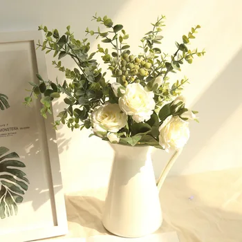 

Ins Wind Rose Eucalyptus Artificial Flower Factory Home Decoration Wedding Boquet Holder Wall Fake Flower DY1-2300