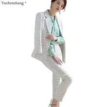 Женский клетчатый брючный костюм для зимы, большой размер 5XL, модный костюм в английском стиле, куртки и штаны, комплекты из 2 предметов, брючные костюмы