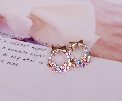 

1 Pair Cute Rhinestone Crystal Bowknot Ear Stud Studs Earrings bowknot with drill Earrings personality wreath simple Earrings