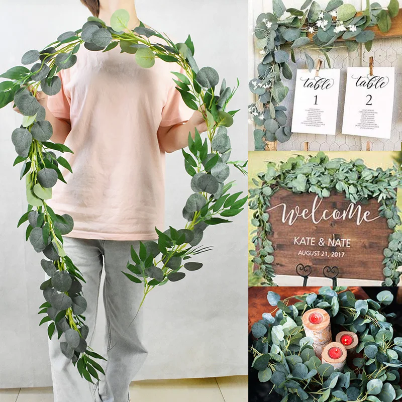 Verde eucalipto hojas Garland Wisteria flores artificiales para mimbre falso planta de seda hoja de vid para fiesta de boda cumpleaños decoración