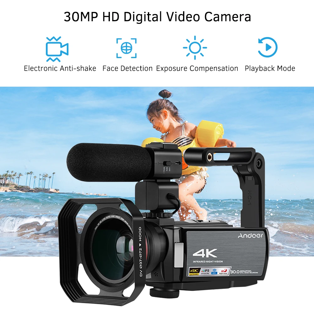 Andoer HDV-AE8 30MP 16X4 K WiFi цифровая видеокамера DV цифровой зум ИК-камера с дополнительным 0.39X широкоугольным объективом