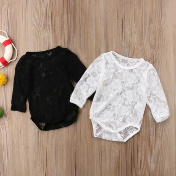 

Infant Newborn Baby Girls Long Sleeves Lace Sunsuit White Black Jumpsuit Playsuit Solid Casual Outfit