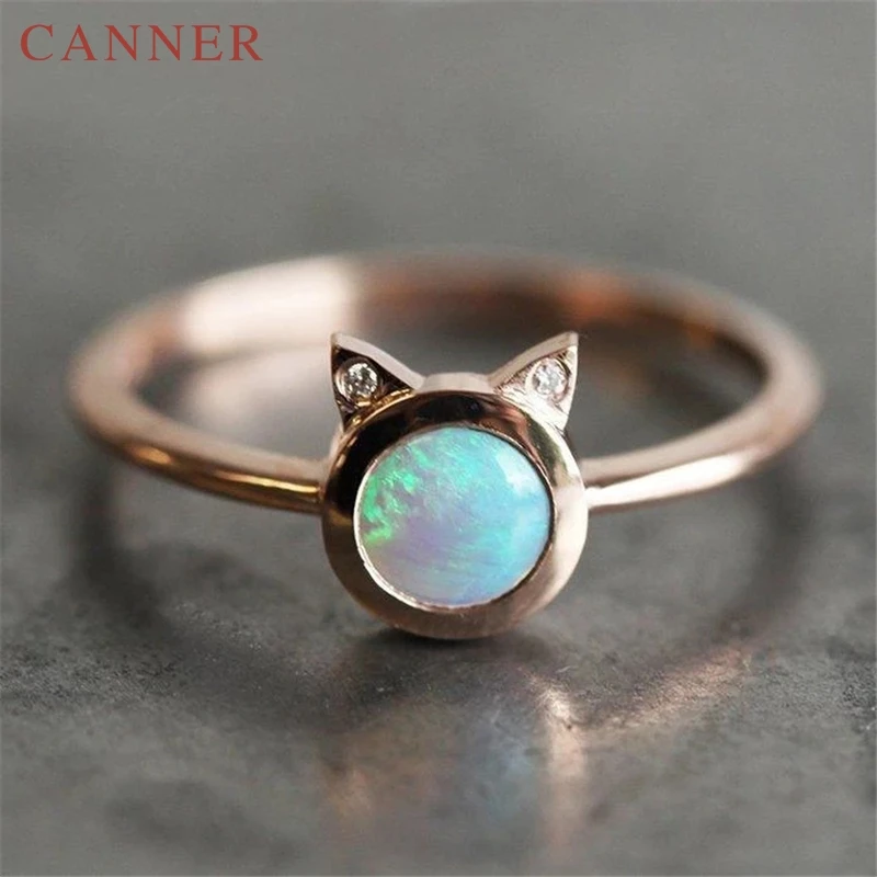 

New Imitation Opal Cat Ear Ring for Women Rose Gold Color Cute Animal Ring Femme Bijoux Jewelry Birthday Gifts