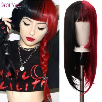 

HOUYAN Long straight hair black plus red pink blue two solid colors Halloween cos European and American wig air bangs