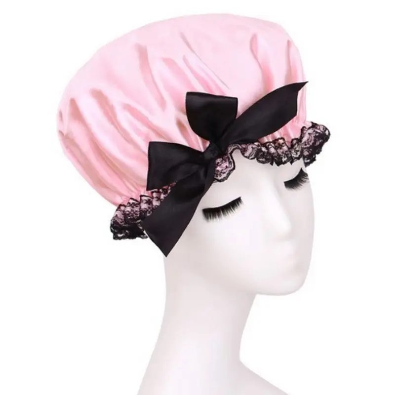 Light pink Женская шапочка для ванной, водонепроницаемая, двойной слой, кружевная шапочка для душа, эластичная лента, складывается, длинные волосы, спа, купальные аксессуары для ванной комнаты - Цвет: Light pink