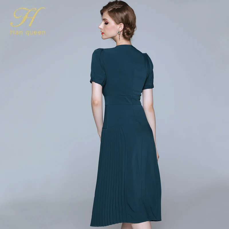 H Han queen женское осеннее подиумное складное вечернее платье vestidos дамское с круглым вырезом однобортное модное женское тонкое Повседневное платье для работы