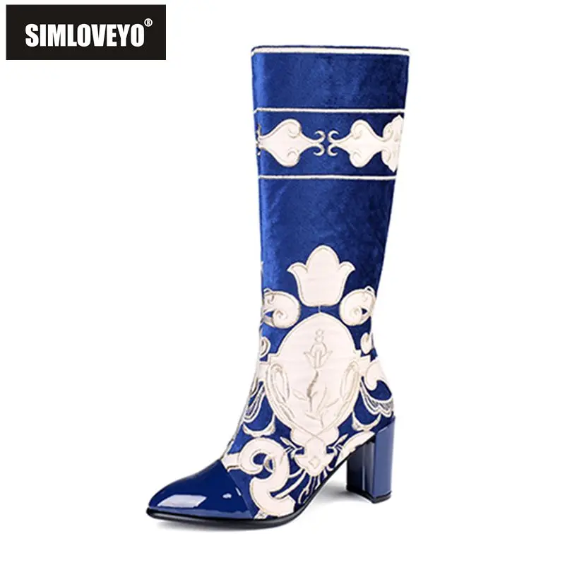 

SIMLOVEYO Pointed Toe Genuine Leather Embroider Print Zip Warm Short Plush Square Heel Snow Knee High Boots Size 33-40 Blue Red