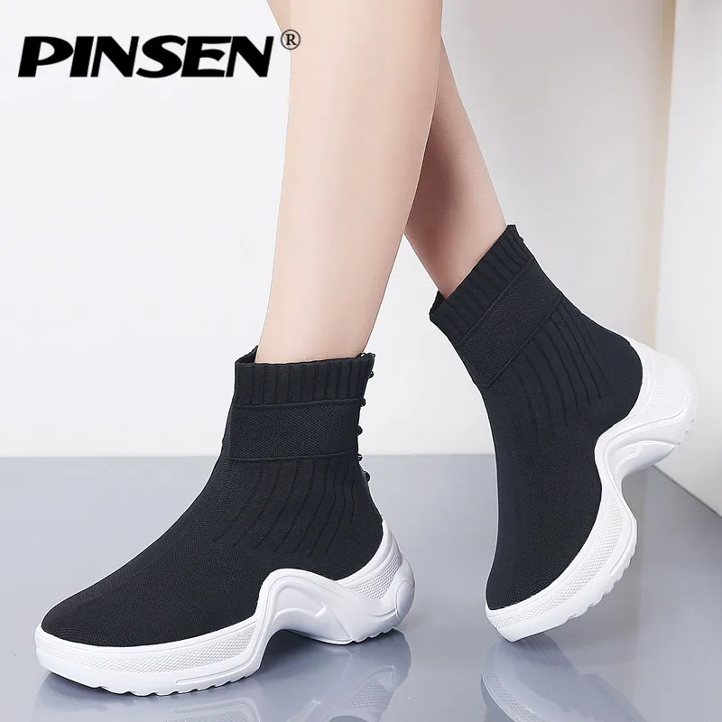 PINSEN 2020 Autumn Winter Women Boots Comfortable Fashion Ankle Snow Keep Warm Lace-up Ladies Sock | Обувь