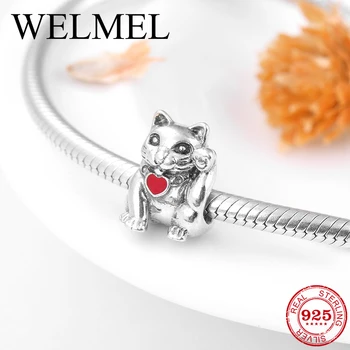 

New 925 Sterling Silver red enamel heart Fortune Cat beads Fit Original European Charm Bracelet Jewelry making