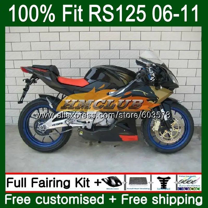 Инъекции для Aprilia RS-125 2006 2007 2008 2009 2010 2011 40CL. 2 черного и золотого цвета RS 125 RS4 RSV125 RS125 06 07 08 09 10 11 обтекатель