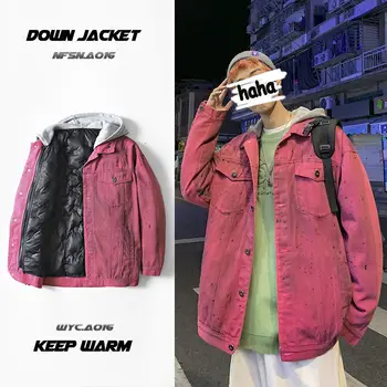 

Hybskr 2020 Winter New Denim Warm Casual Down Jacket Woman Pink Coats Korean Streetwear Man Fashion Warm Hooded Clothing