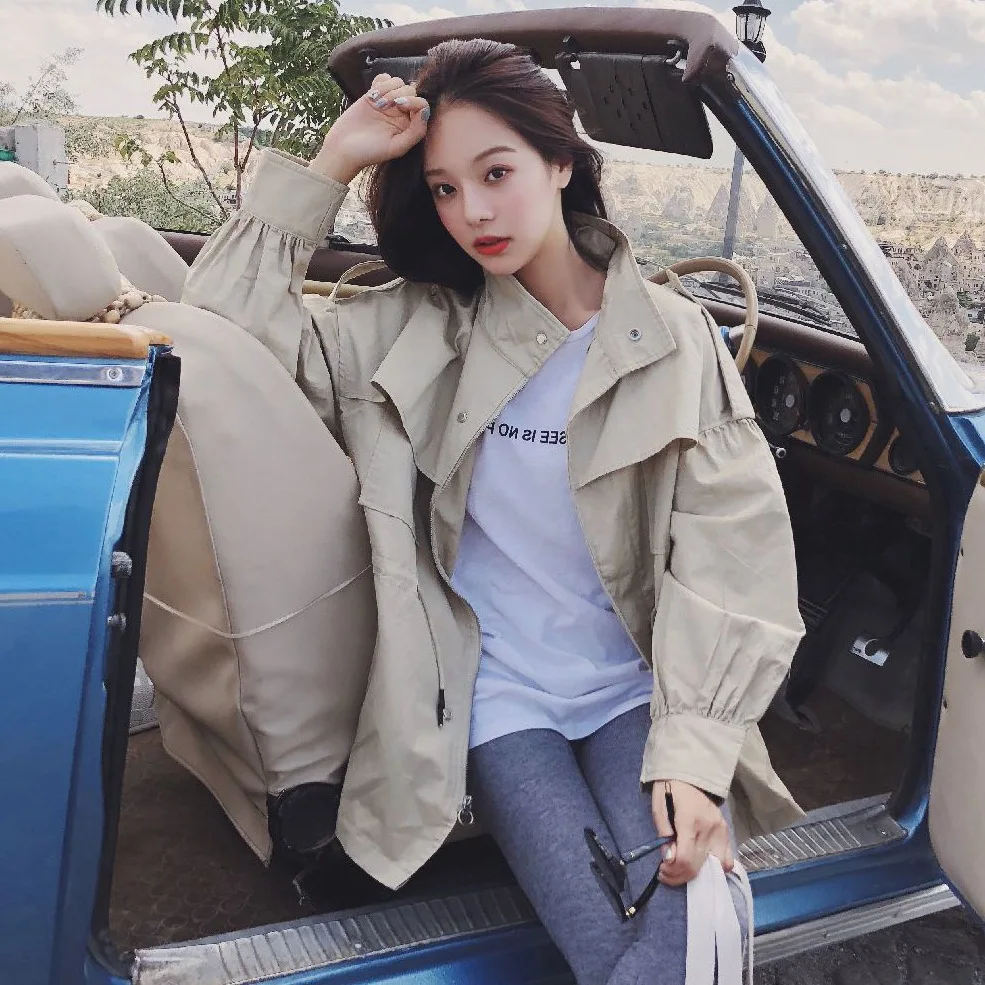 

Photo Shoot CHIC Heavy Craft Lettered Embroidered Stand Collar Trench Coat Women's Autumn INS Sweet Lotus Pink Drawstring Waist