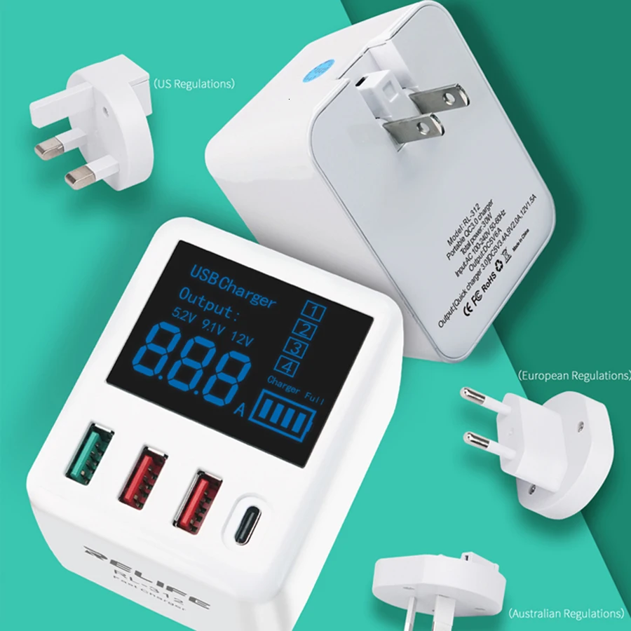 Смарт зарядное устройство RELIFE портативное мини QC3.0 с цифровым дисплеем и выходом