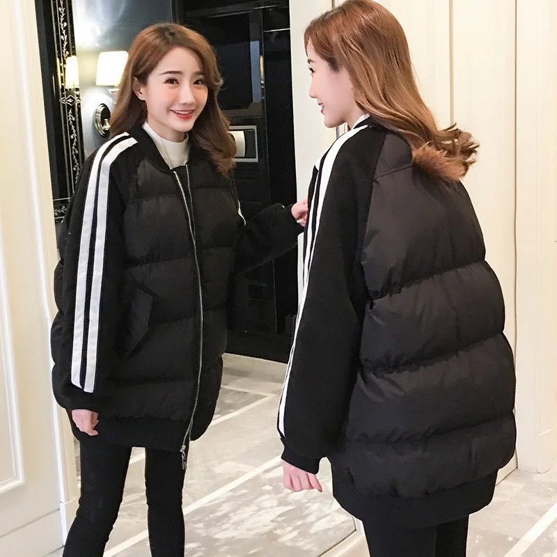 

2018 Winter New Style Harajuku-Style Students Mid-length Loose-Fit CHIC Black And White with Pattern Cotton-padded Clothes Women