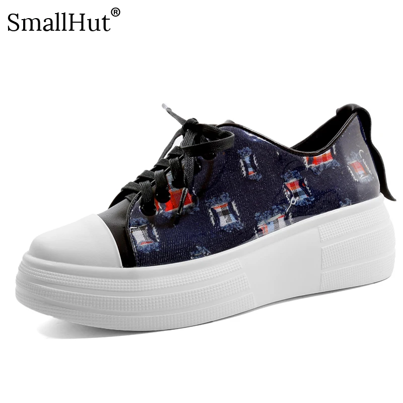 

Loafers Denim + Leather Women Spring Autumn Lace Up Shoes G025 Dark Blue Light Blue Woman Round Toe Ladies Flat Platform Shoes