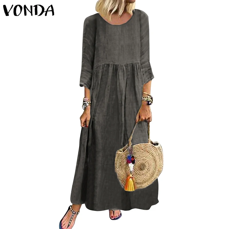 Женское платье VONDA, винтажное, с 3/4 рукавами, вечерние, макси, длинное платье, летнее, богемное, праздничное, vestidos, robe Femme S-5XL - Цвет: Темно-серый
