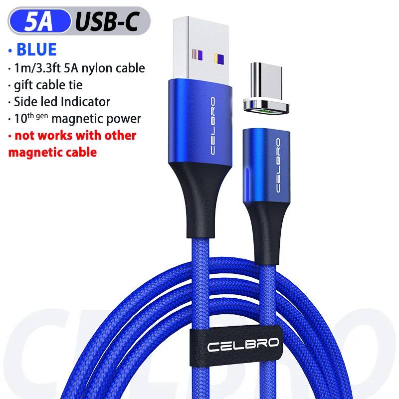 Магнитный кабель USB Type C 5A для Huawei P40 Pro Xiaomi Mi 10 Samsung Galaxy S20 Plus сверхбыстрое зарядное