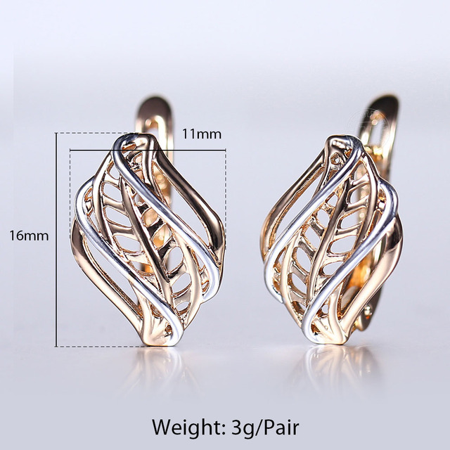 Shaped Stud Earring 585 White Rose Gold Color Geometric Cut Out Leaf Clear Cubic Zircon Drop Earrings for Women Girl GE291