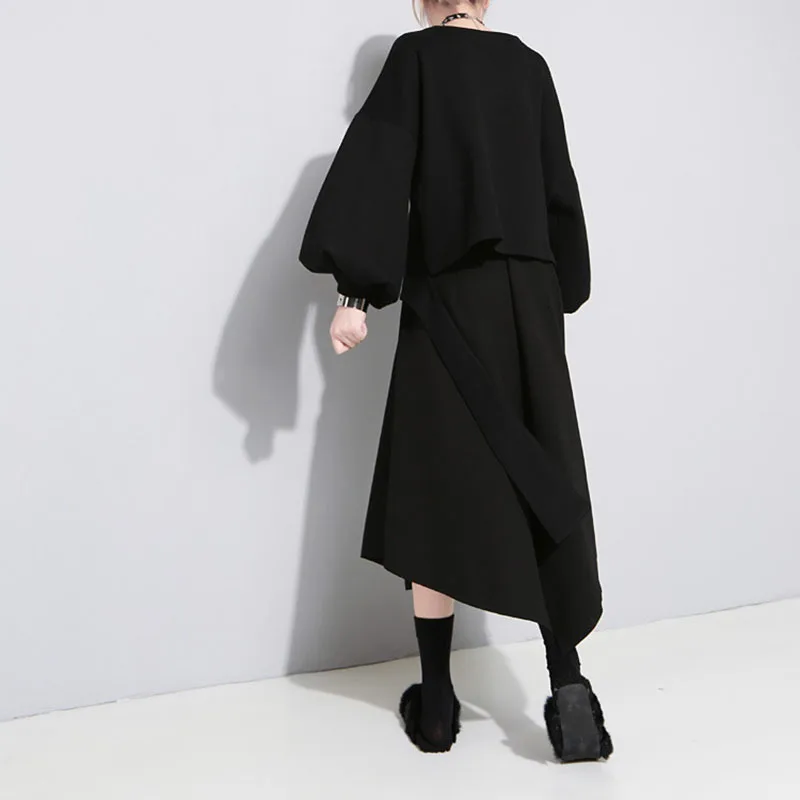 [EAM] Новинка, Весенняя черная юбка с высокой эластичной талией, на завязках, с неровным подолом, с разрезом, женская мода, JH079