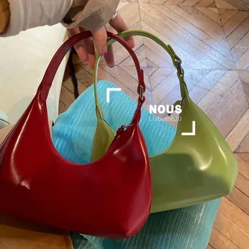 

Crescent Armpit Shoulder Bag for Lady Portable Leather 2020 Summer Chic Moon Women's Small Tote Solid Color Small Size Green
