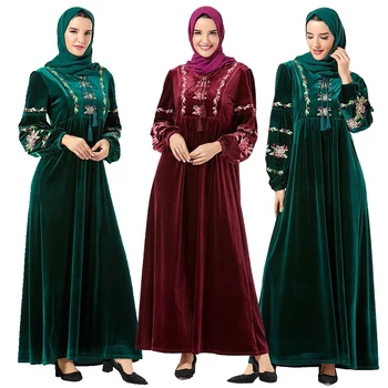 

Fashion Women Velvet Embroidery Abaya Muslim Dress Long Sleeve Kaftan Jilbab Arab Robe Dubai Floral Caftan Islamic Gown Autumn