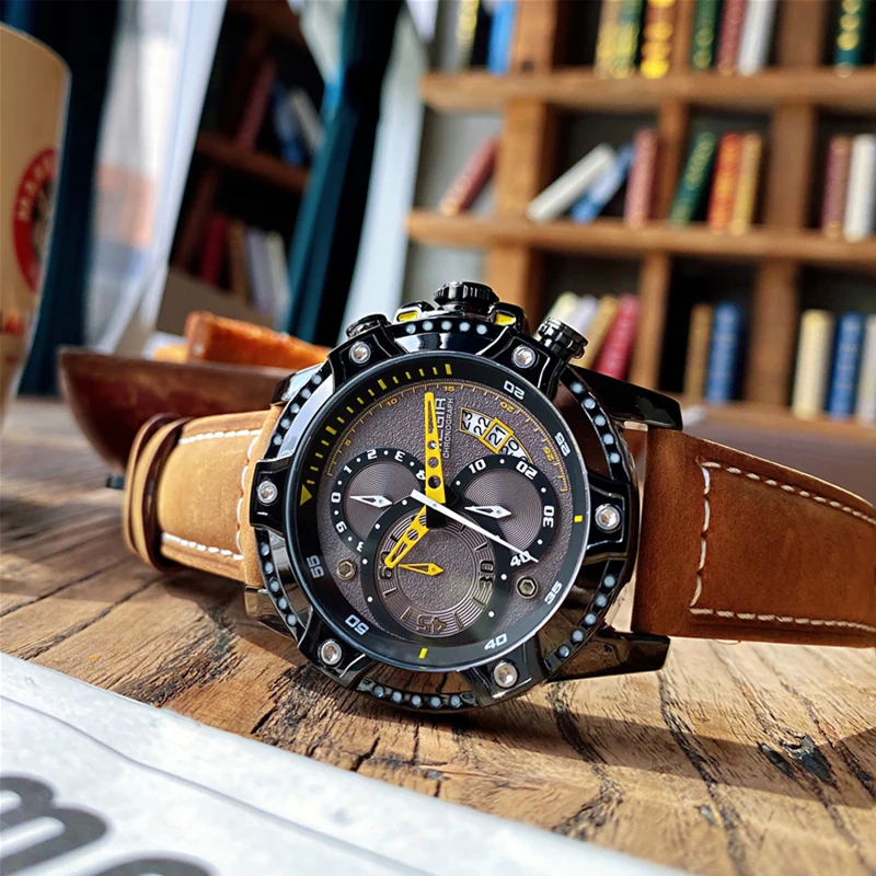 

MEGIR Sports Watches Men Top Brand Luxury Chronograph Quartz Wristwatches Leather Strap Army Military Watches Relogios Masculio