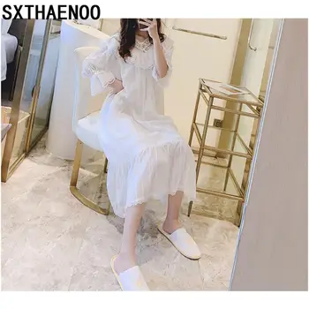

SXTHAENOO French Romantic V-Neck Nightdress Female New Beautiful Cotton Sexy Classical Palace Princess Long Paragraph Sleepwear