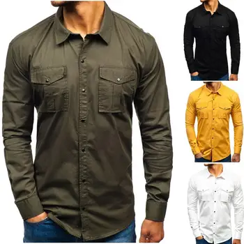 

Casual Men Solid Color Turndown Collar Long Sleeve Blouse Top Button up Shirt