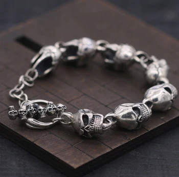 

13mm solid 925 Sterling Silver men's skull link biker bangle bracelet A1484