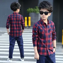 BOY'S Fold-down Collar Dual Pocket Plaid Shirt Children Big Boy Young STUDENT'S Fashion-Style Long-sleeve Blouse