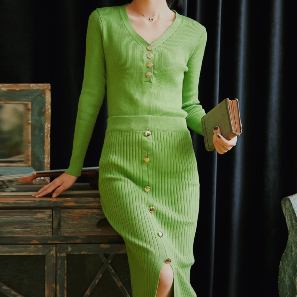 Genyaooa высококачественный комплект из двух предметов, элегантный вязаный женский комплект 2 шт., винтажная юбка из двух частей, эластичный Женский комплект