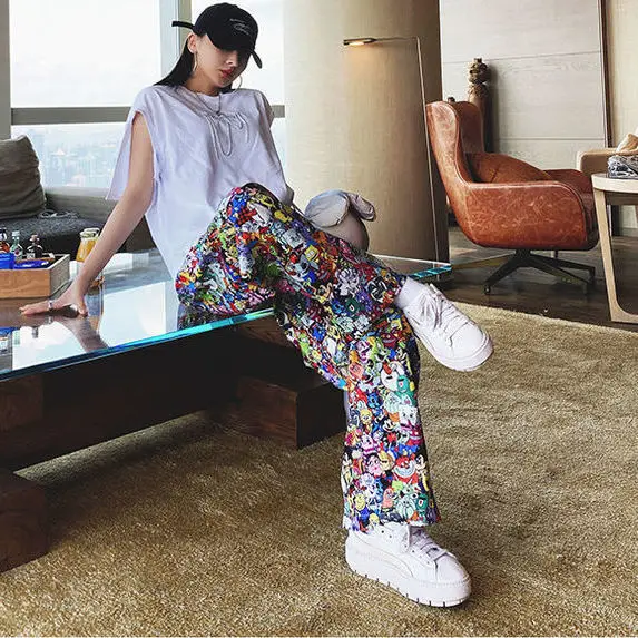 European station cartoon print straight wide leg pants women 2020 early autumn high waist loose lazy fashion pants trousers