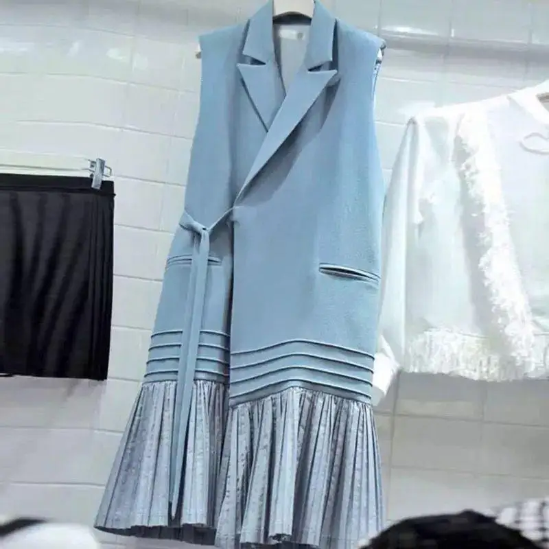 Без рукавов плиссированная рубашка жилет Женская корейская модная одежда гофрированная стеганая куртка Осень зубчатый жилет