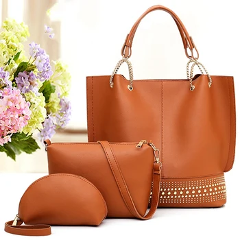 

Three-Piece Rivet Shoulder Bag Women's Handbag Shoulder Bag Wallet Brown