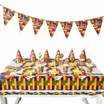 

93pcs/set Blocks Theme Disposable Tableware Paper Plate Cup Napkin Banner Tablecloth Kids Boy Birthday Baby Shower Party Decor