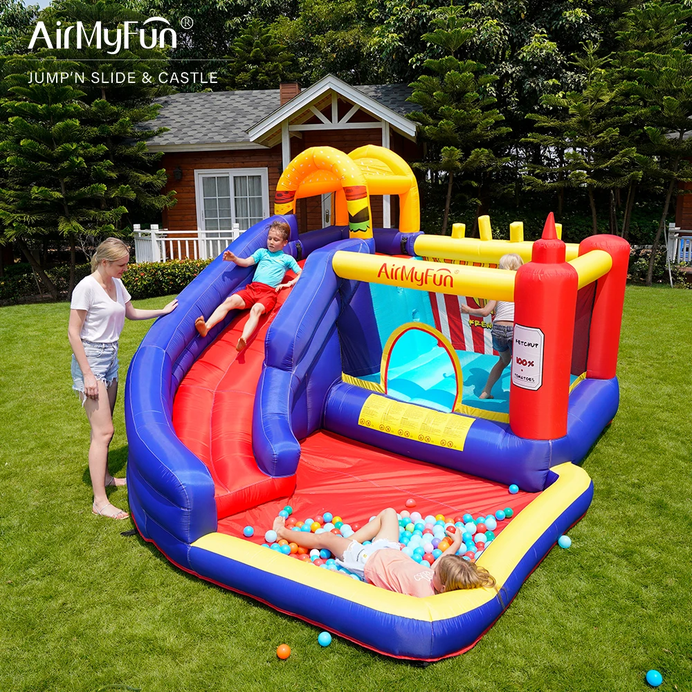 AirMyFun Food Bouncy Castle, Bounce House Hamburger Ketchup Shape, Jumping & Sliding Area with Safety Net
