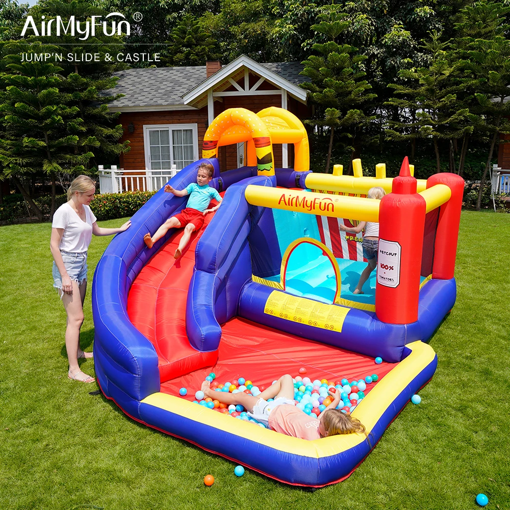 AirMyFun Food Bouncy Castle Bounce House Hamburger Ketchup Shape Jumping Sliding Area with Safety Net