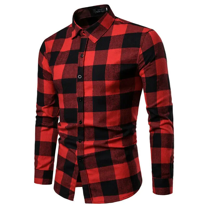 Red Checkered Plaid Flannel Shirt for Men - Long Sleeve Cotton Male Check Shirt image 5