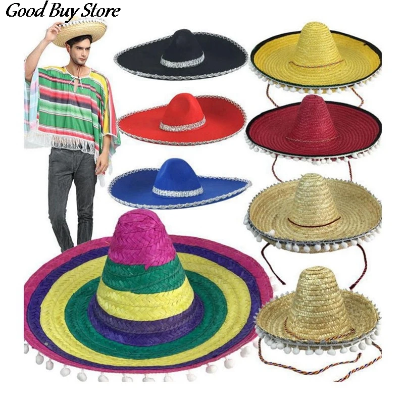

Fashion Carnival Sombrero Mexican Hat Men Women Party Sun Hats Natural Straw Wide Brim Panama Bucket Hats Adjustable Retro Caps