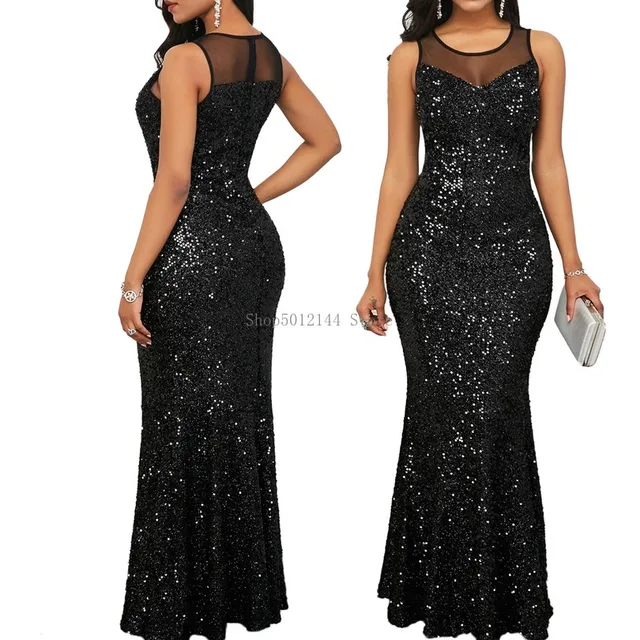 Black Sequins Shinny Long Sleeveless Elegant Maxi Dress 5
