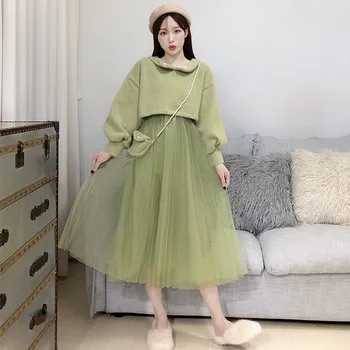 

Faux Cashmere Sweaters + Mesh Dress Two Piece Sets Women's Sweet Strap Dress Suits Fashion Short Pullovers Pink Matching Outfits