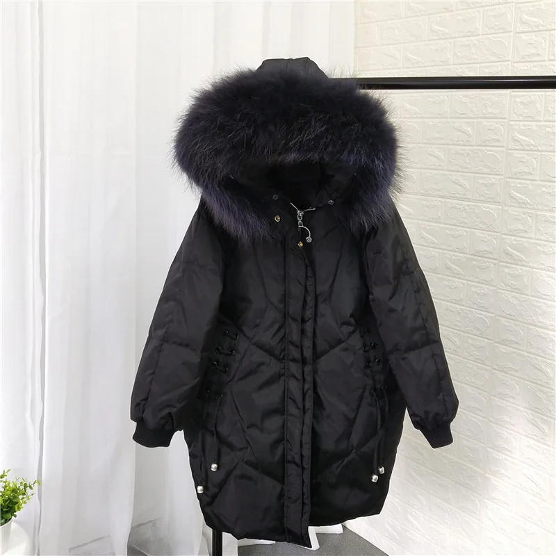 

Winter 90% White Duck Down Parkas Women Thick Warm Large Natural Raccoon Fur Hooded Jackets Loose Snow Outerwear