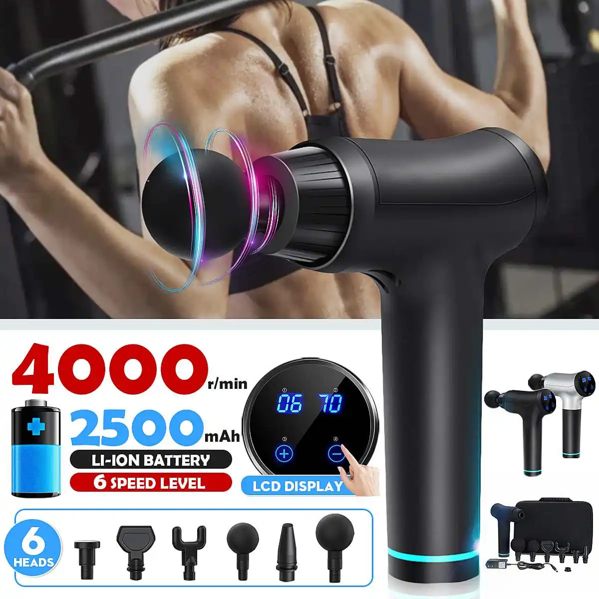 

4000r/min Therapy Massage Guns 6 Gears Muscle Massager Pain Relief Body Relax Slimming Massage Machine 6 Heads + Storage Bag