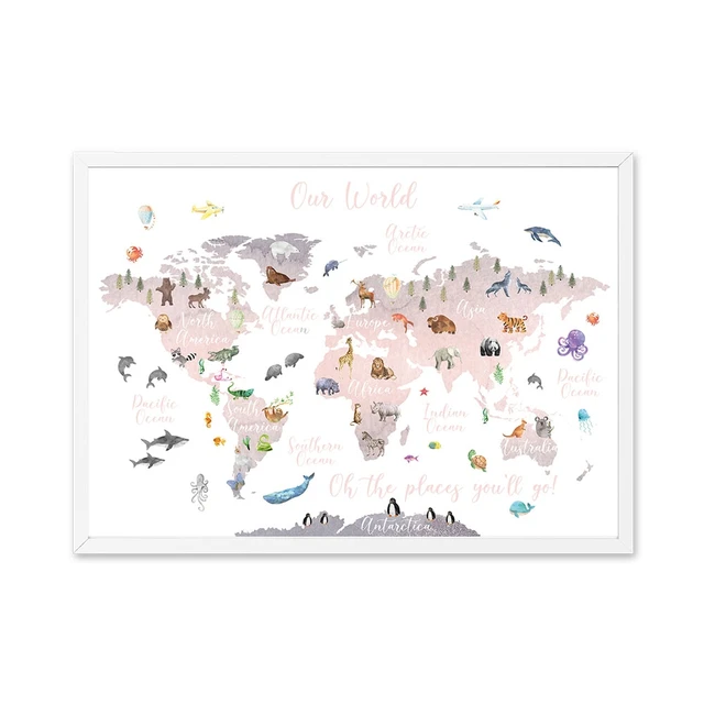 Educational Animal World Map Picture Children Poster Nursery Wall Art Canvas Print Painting Baby Kid Bedroom Playroom Home Decor 3